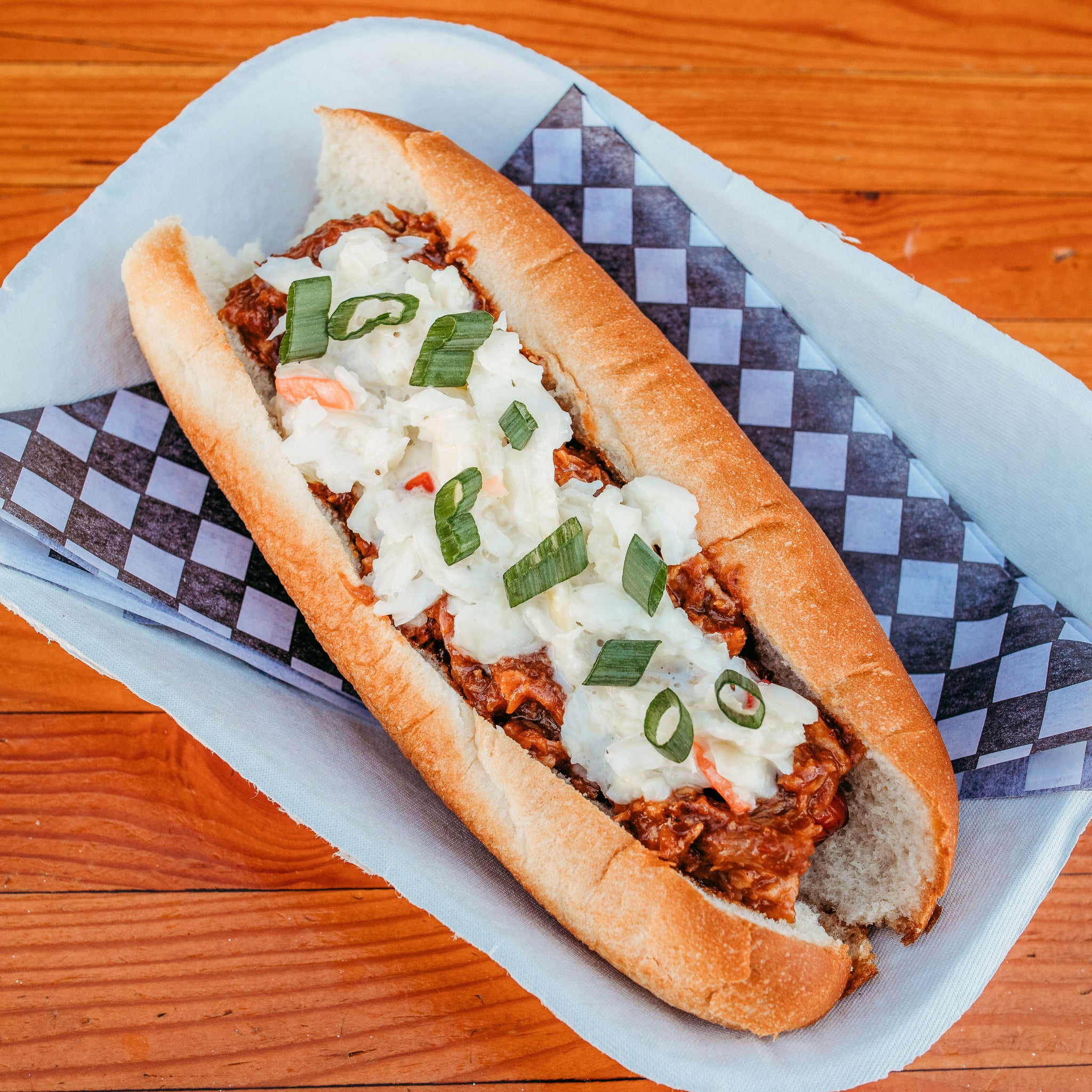 pulled pork hot dog with cole slaw
