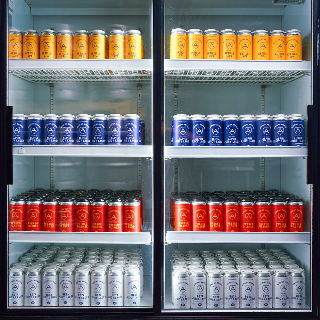 Academy beers in a fridge