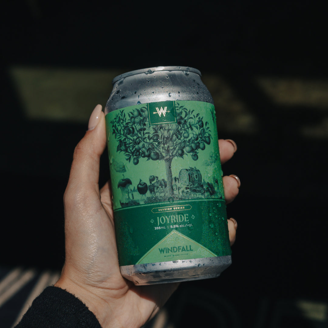 hand holding wilderfall cider joyride can