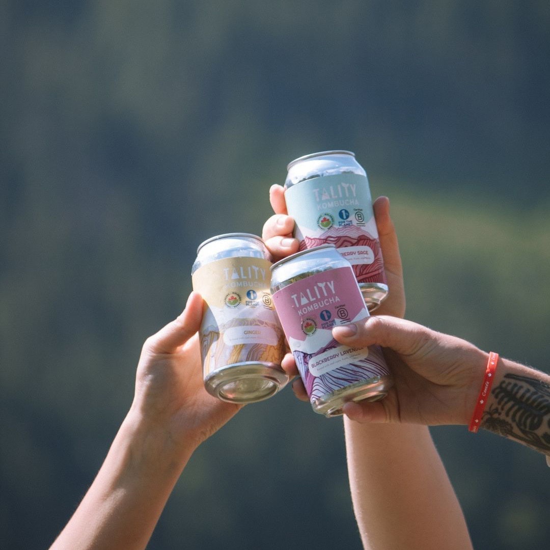 three hands cheersing tality kombucha cans