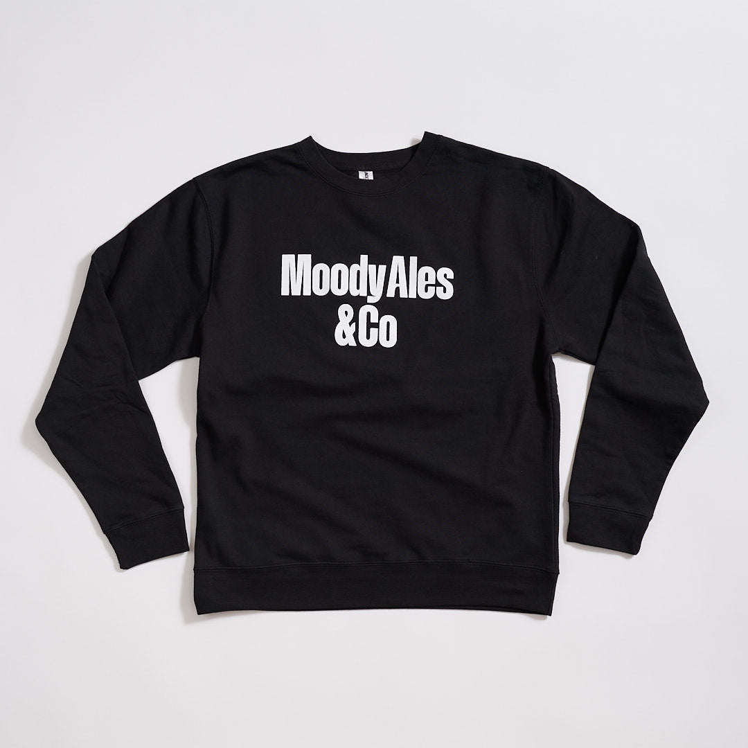 black crewneck sweater with moody ales & co logo