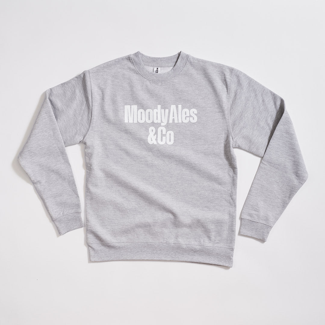 grey crewneck sweater with moody ales & co logo