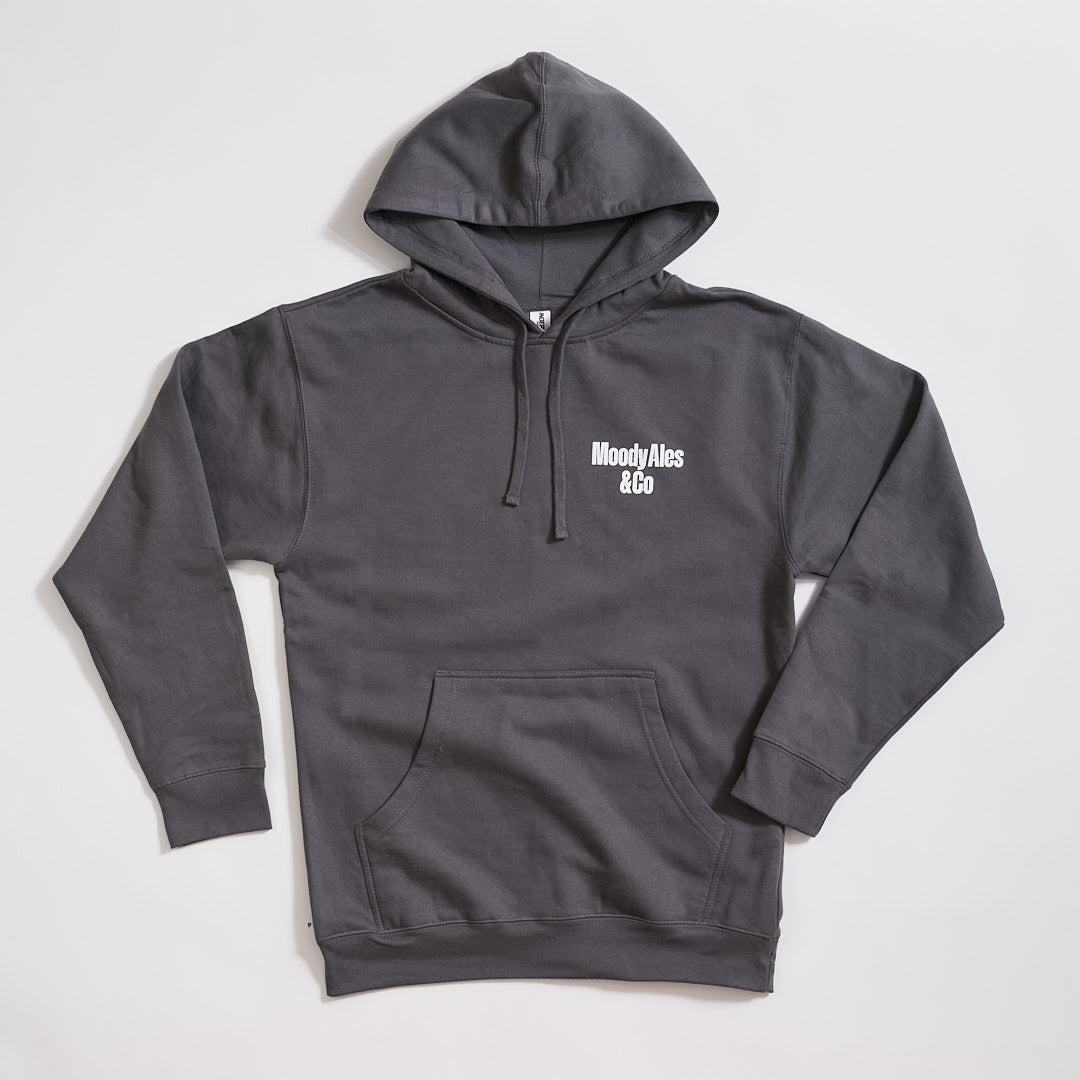 grey hoodie with moody ales & co logo