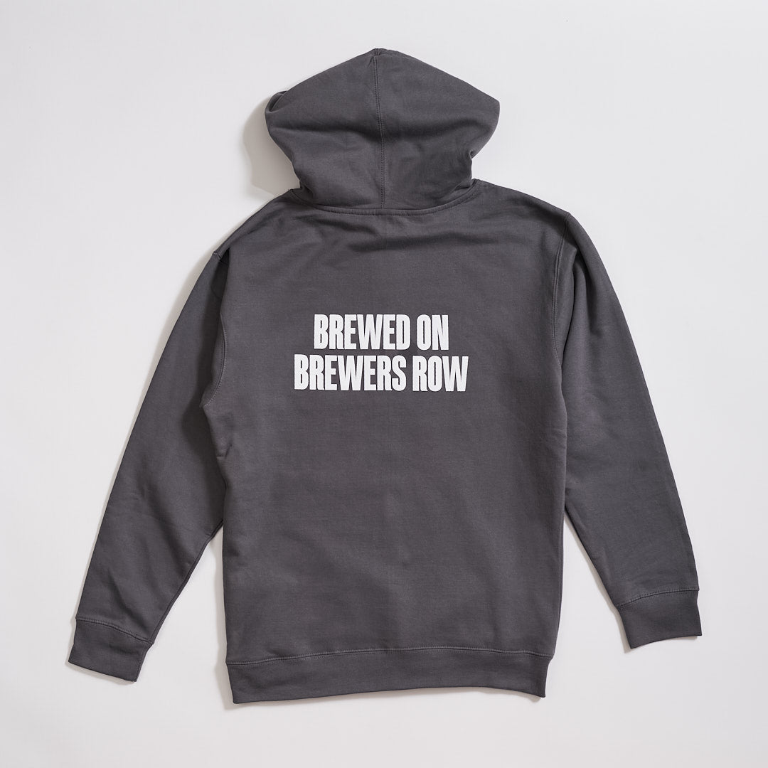 back of grey hoodie with brewed on brewers row print