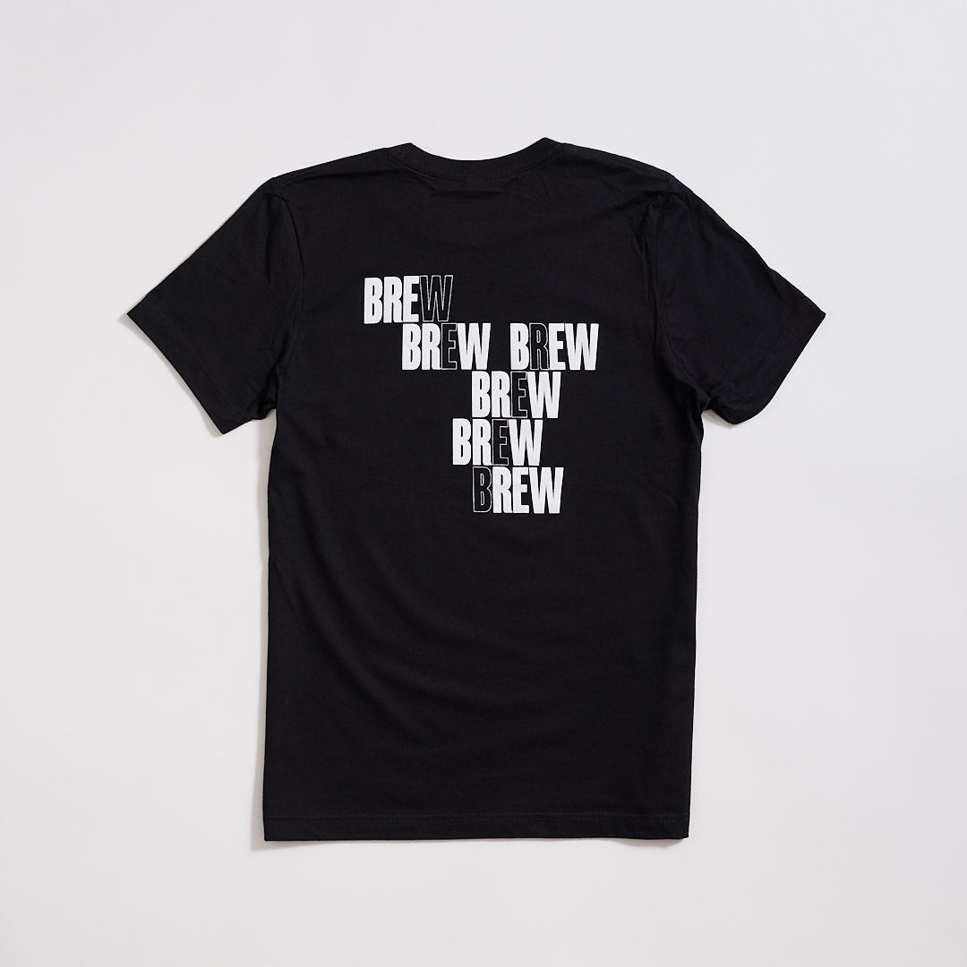 back of black t-shirt with Brew print
