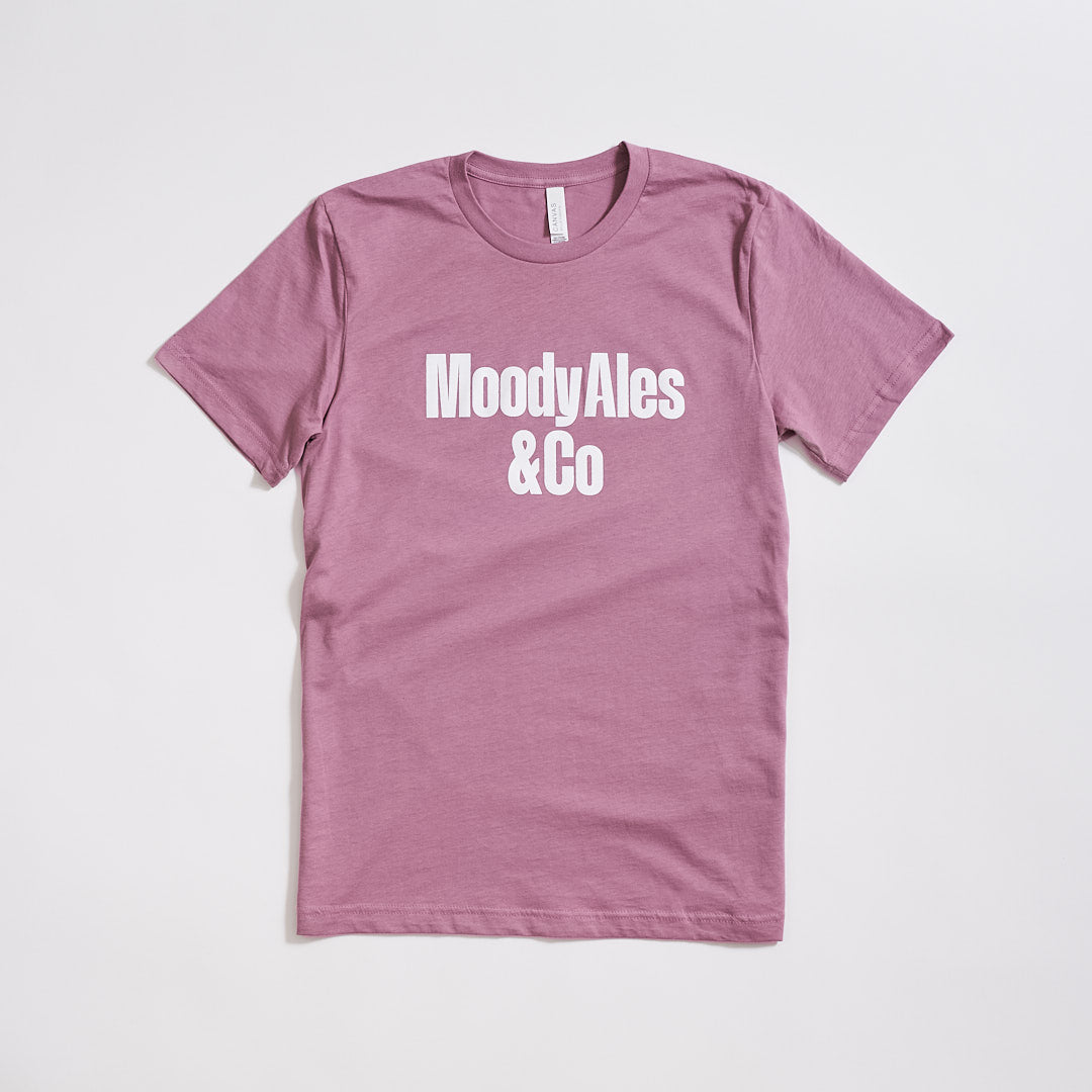 pink t-shirt with moody ales & co logo