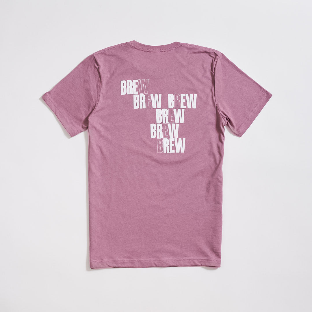back of pink t-shirt with brew print