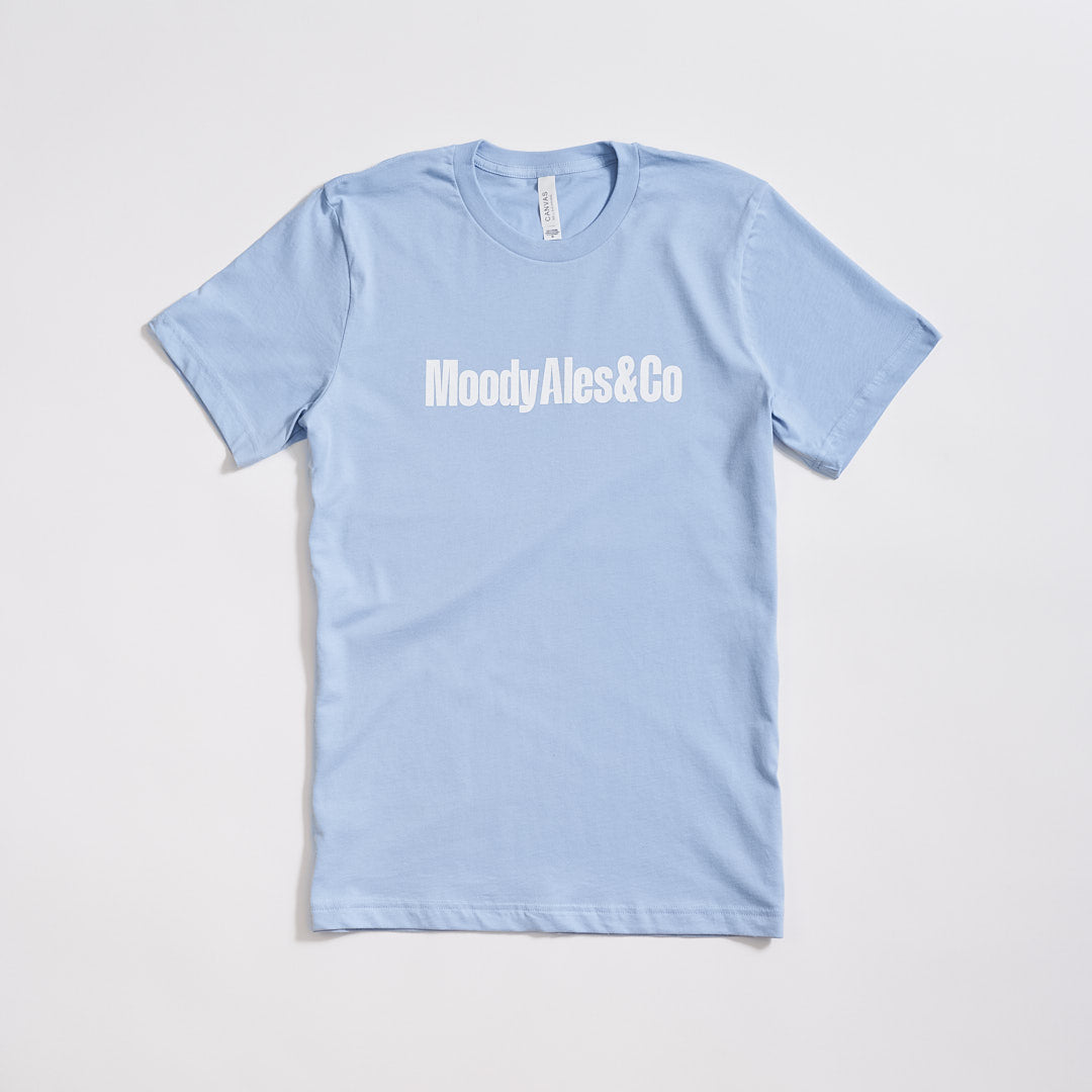 blue t-shirt with Moody Ales & Co logo