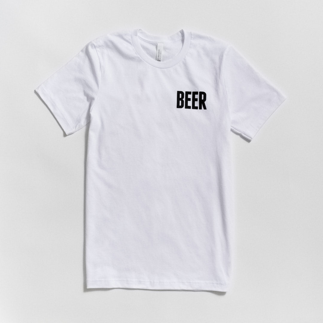 white t-shirt with "BEER" print