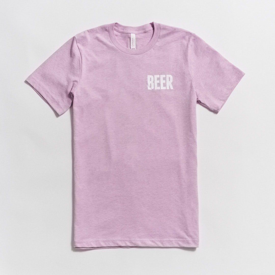 pink t-shirt with "BEER" print