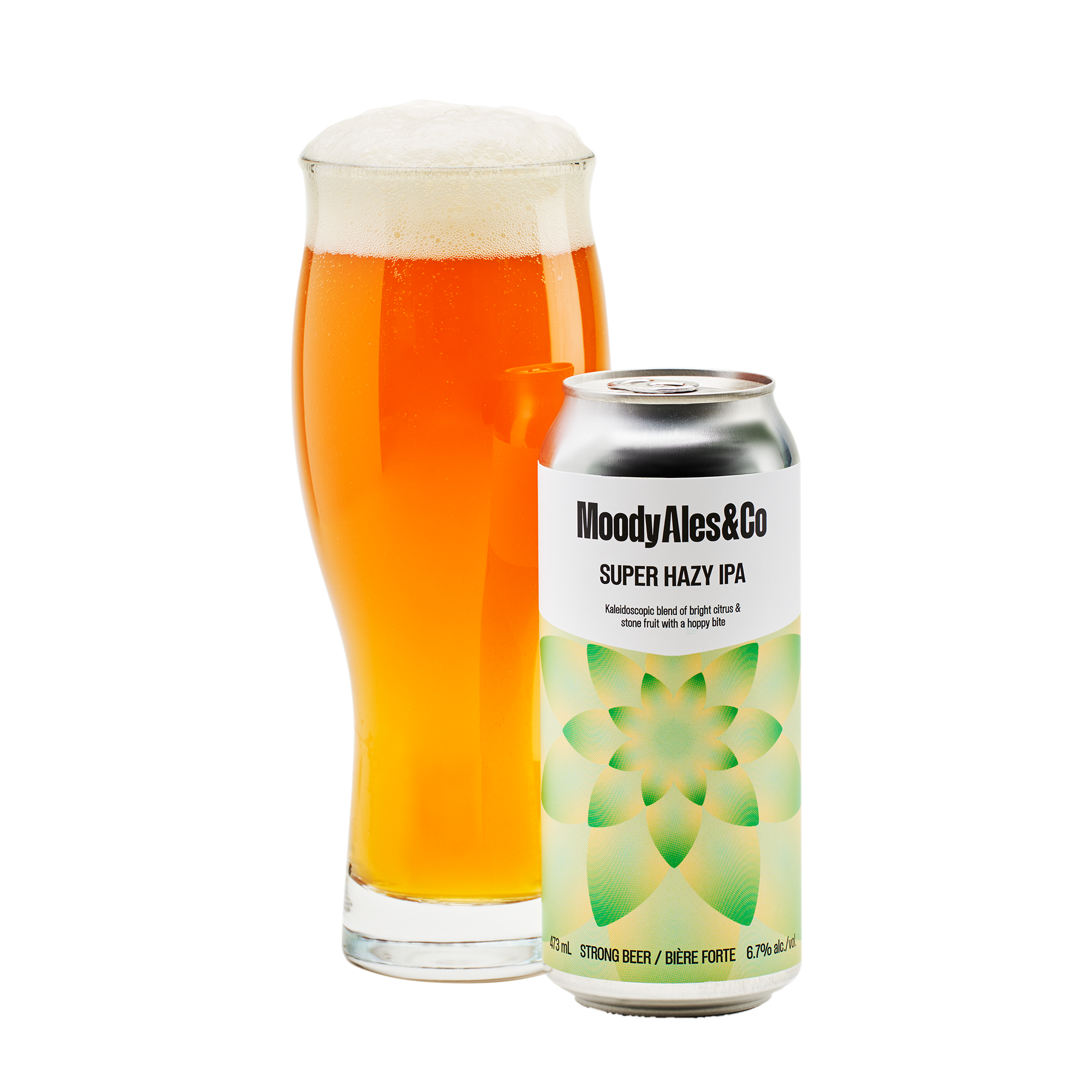 super hazy ipa can with beer in glass